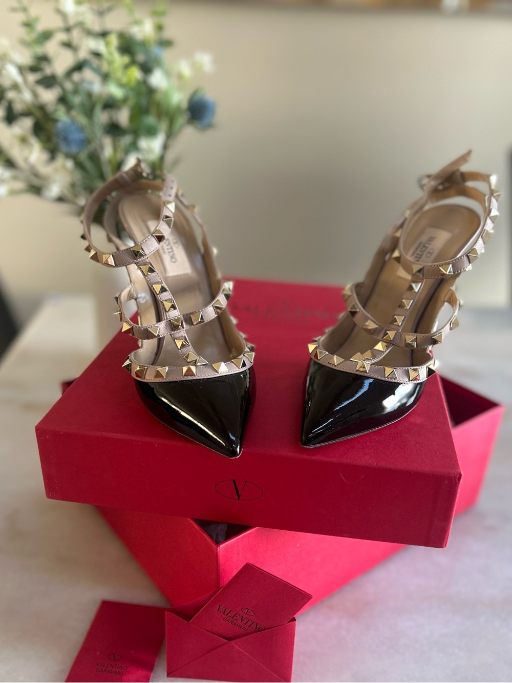 Valentino Garavani Rockstud Patent Leather T-Strap Pump in Black and Nude